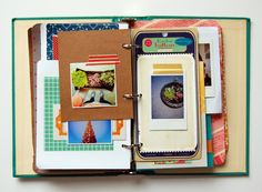 an open scrapbook with pictures and photos on the pages is shown in this close up photo