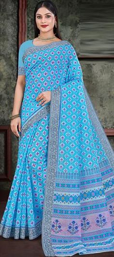 Blue color Saree in Cotton fabric with Printed, Thread work Blue Cotton Saree With Pallu, Festive Blue Saree With Printed Motifs, Blue Cotton Fabric With Printed Motifs, Blue Saree Fabric For Festive Occasions, Blue Color Saree, Traditional Saree, Traditional Sarees, Thread Work, Blouse Length