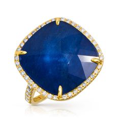 14KT Yellow Gold Diamond Blue Sapphire Triplet Cushion Cut Cocktail Ri – Anne Sisteron Sapphire Stone, Faceted Gemstones, Necklace Sizes, White Topaz, Cocktail Ring, Cushion Cut, Blue Stone, Cocktail Rings, Blue Sapphire