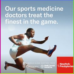 a woman running on a track with the words our sports medicine doctors treat the finest in the game