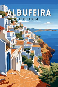 an image of a travel poster with the words albufeira portugal on it