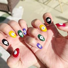 Acrylic pool ball nail design colorful and cute Ball Nails Acrylic, Billard Nails, Swimming Pool Nails, Billiard Nails, Pool Ball Nails, Nail Design Colorful, Acrylic Pool, Ball Nails, Pool Nails