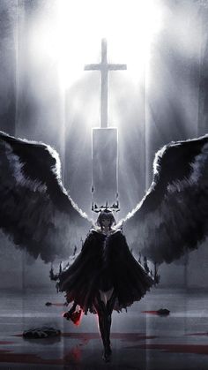 an angel with large black wings and a cross in the background