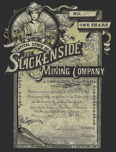 an old advertisement for the sticky inside mine company on black paper with gold foil lettering