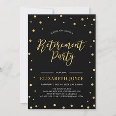 a black and gold retirement party card with confetti dots on it, in the middle