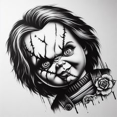 a black and white drawing of a creepy clown with roses on it's nose