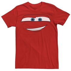 a red t - shirt with an image of a smiling face on the front and chest