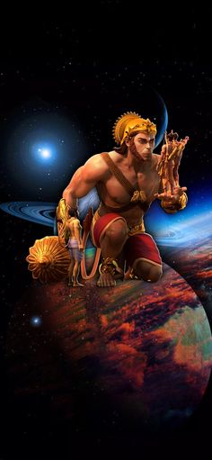 an image of a man sitting on top of the earth with planets in the background