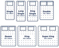 four sheets of paper with the measurements for each bedding size and king, queen, single