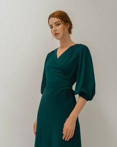 Harriet Hunter Green Puff Sleeves Dress / Wrap Dress Floor | Etsy Vietnam Elegant Green Puff Sleeve Dress With Gathered Sleeves, Elegant Green Knee-length Puff Sleeve Dress, Elegant Green Puff Sleeve Dress For Brunch, Green V-neck Puff Sleeve Dress With Gathered Sleeves, Green Wrap Dress, High Waisted Dress, Puff Sleeves Dress, Emerald Green Weddings, Floor Length Dress