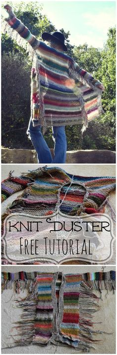 two pictures with text that says knit duster free pattern and an image of a woman in