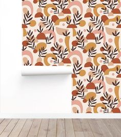 an abstract wallpaper design with leaves and shapes in pink, orange, yellow and brown