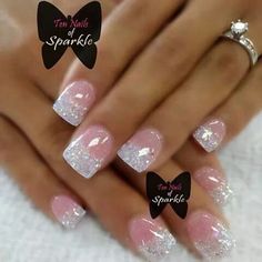 Beautiful Nail Designs Acrylics, Dip Nails With Acrylic Tips, French Dip Wedding Nails, Silver Nails Polish, French Dip Nails With Glitter, Square French Tip Acrylic Nails With Glitter, French Glitter Acrylic Nails, Different Style French Tip Nails, Popular Gel Nail Designs