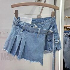 High-waisted Irregular Layered Pleated Skirt Pants with Denim Shorts Design Element Layered Pleated Skirt, Pink Denim Skirt, Belted Midi Skirt, Shorts Design, Workwear Shorts, Denim Skirt Women, Shorts Skirts, High Waisted Shorts Denim, Designer Shorts