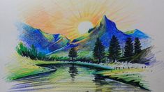 a drawing of a mountain lake with trees and mountains in the background at sunset or sunrise