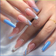 White Nails Designs Acrylic, L Nails Design, Birthday Glam Nails, Baby Blue Nails, Blue Acrylic Nails, Nagel Tips, Nail Arts, Artificial Nails