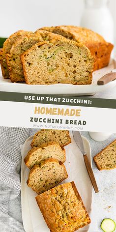 slices of zucchini bread sitting on top of a white plate next to sliced zucchini bread