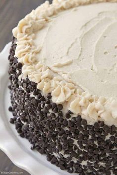 a cake with white frosting and chocolate chips on top