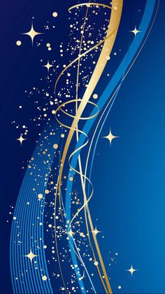 an abstract blue background with gold stars and swirls on the bottom right hand corner