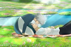 an anime scene with two people laying on the ground and one person holding his head