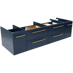 a large blue cabinet with two drawers and gold handles