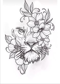 a black and white drawing of a cat with flowers on it's head,