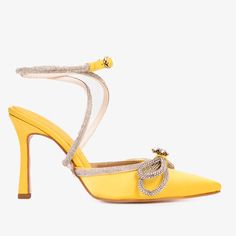 MEASUREMENTS Heel height: 3.5” Sunlit Elegance: Floransa Yellow Leather Pointy Toe Ankle Strap Sandal Radiant in Sunshine Yellow: Step into the spotlight with the Floransa Yellow Leather Pointy Toe Ankle Strap Women Sandal, crafted with precision from luxurious 100% leather. Satin Sophistication and Sparkle: Elevate your style with satin sophistication, featuring sparkling embellishments carefully arranged on the leather for a touch of glamour and elegance. Vibrant Ankle Strap: Embrace vibrancy Luxury Yellow Ankle Strap Sandals, Luxury Designer Yellow Sandals, Luxury Yellow Heels For Evening, Luxury Leather Embellished Heels, Luxury Elegant Yellow Sandals, Luxury Yellow Leather Shoes, Luxury Yellow Chic Heels, Luxury Chic Yellow Heels, Luxury Elegant Satin Sandals