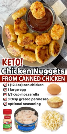 chicken nuggets from canned chicken are on a plate with sauce and other ingredients