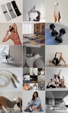 a collage of photos showing different types of yoga equipment and people doing various poses