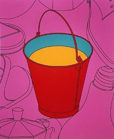 a painting of a red bucket with yellow liquid in it on a pink background, surrounded by other objects