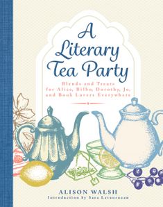 a blue book cover with teapots and other items on the front, in white lettering