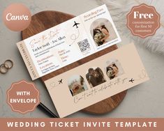 wedding ticket template with photos on it and a pen sitting next to it, surrounded by other items