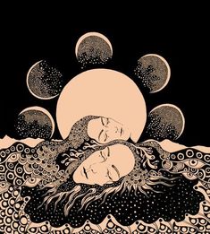 a woman laying on top of a body of water under a full moon with phases above her