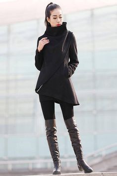 Wool coat, winter coat, woman coat, black coat, Asymmetrical coat, high collar coat, zipper coat, sh Modern Winter Outerwear With Funnel Neck, Modern Funnel Neck Winter Outerwear, Asymmetrical Winter Workwear Outerwear, Asymmetrical Winter Outerwear For Work, Modern Winter Outerwear With Asymmetrical Zip, Winter Workwear Outerwear With Asymmetrical Hem, Chic Winter Outerwear With Asymmetrical Hem, Asymmetrical Hem Outerwear For Winter Workwear, Woman Coat