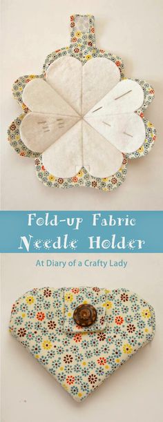 three different pictures of fabric and buttons on the side of a flower pot holder, with text overlay that says field - up fabric needle holder at day of a crafty lady