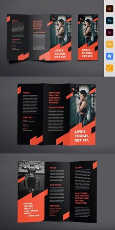 an orange and black tri fold brochure is displayed on a gray background with red accents