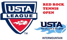 several logos for the usta league and red rock tennis open are shown in this image