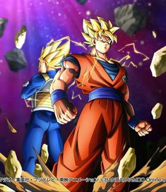 two young gohan are in the middle of an animated scene with rocks and stars