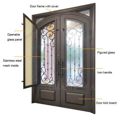 the parts of an iron front door with glass panels and wrought bars on each side