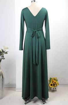 Sexy Long Sleeves V Back Backless Ankle Length Dress With Bow on Luulla Chic Chiffon Maxi Dress Non-stretch, Chic Non-stretch Chiffon Maxi Dress, Solid Color Stretch Maxi Dress For Evening, Green Maxi Dress Regular Fit, Green Non-stretch Long Sleeve Maxi Dress, Non-stretch Green Maxi Dress, Elegant Long Maxi Dress In Solid Color, Green Chiffon Maxi Dress For Fall, Green Solid Color Party Maxi Dress