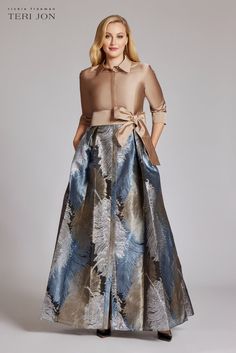 Teri Jon :: Taffeta Shirt Gown With Feather Pattern Shirt Gown, Teri Jon, Wedding Dress With Veil, Long Sleeve Dress Formal, Feather Pattern, Groom Dress, Style Mistakes, Dresses To Wear To A Wedding, Event Dresses