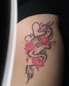 Delicate Leg Sleeve Tattoo, Dragon And Lotus Tattoo, Dragon Thigh Tattoo, Tatuaje Studio Ghibli, Upper Thigh Tattoos, Dragon Tattoo Ideas, Side Thigh Tattoos, Purple Tattoos, Magic Runes