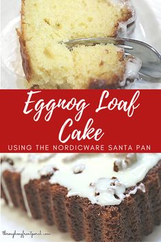 a piece of cake on a plate with a fork in it and the words delightful southern eggnog cake