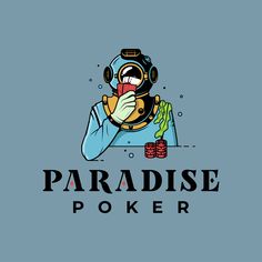 the logo for paradise poker, which features an image of a man in a gas mask