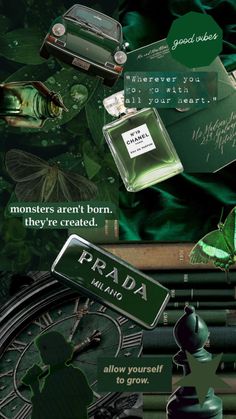 an advertisement for prada perfumes with green background