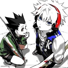 two anime characters one with headphones and the other with an ear muffs on