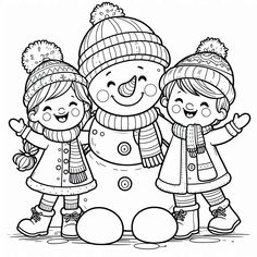 three children playing in the snow coloring pages for kids to color and play with them