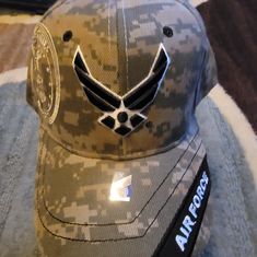 This Beautiful United States Air Force Camouflage Baseball Cap Is Adjustable Military Camouflage Baseball Cap, Khaki Military Hat For Sports, Casual Camouflage Baseball Cap For Sports, Military Camouflage Baseball Cap For Streetwear, Camouflage Visor Baseball Cap, Military Style Camouflage Visor Hats, Military Camouflage Cap, Military Style Camouflage Cap, United States Air Force