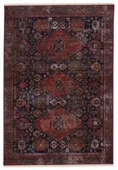 an antique rug with red and blue colors