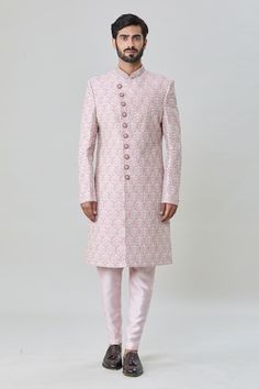 Pink sherwani with all over floral butti embroidery. Paired with churidar - Aza Fashions Designer Pink Sherwani, Designer Pink Sherwani For Festive Season, Designer Fitted Straight Kurta, Designer Pink Fitted Kurta, Designer Fitted Pink Kurta, Designer Fitted Pink Sherwani, Fitted Naqshi Churidar For Reception, Fitted Pink Bandhgala For Ceremonial Occasions, Designer Fitted Churidar For Diwali